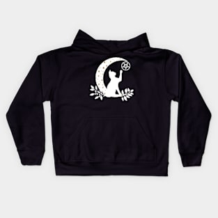 Wicca Crescent Moon Cat Pentacle And Gold Stars Kids Hoodie